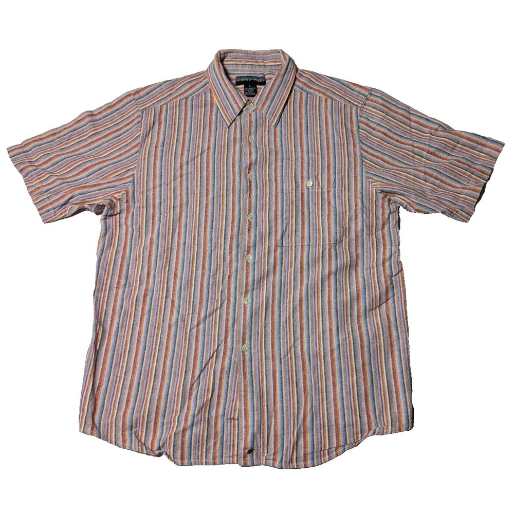 ANDREW FEZZA LINEN Blend Men Large Orange Blue Multi Striped S/S Button-Up Shirt